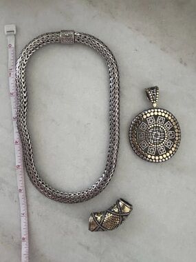 John Hardy 18” Classic Chain Necklace + 2 Enhancer Pendants 925 Silver 18K (3pc)